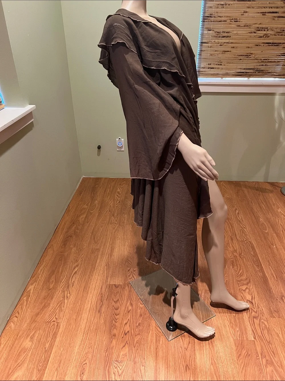 Brown Ruffled Duster Cover-Up Waterfall front Size L